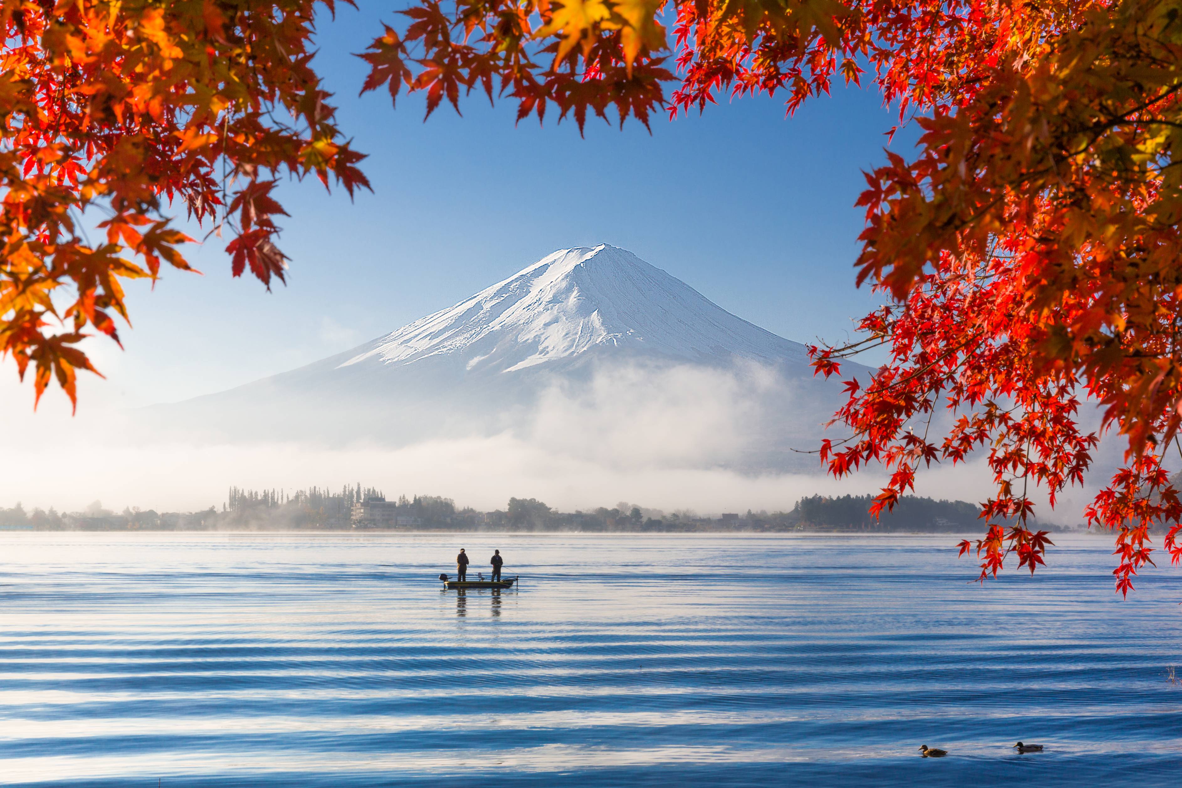 Fuji and red maple leaves at the lake